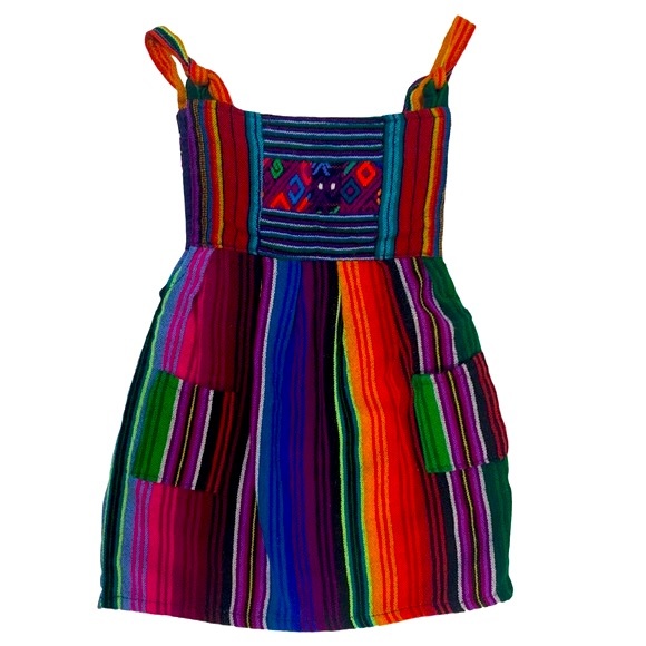 None Other - South American Mexican Serape Woven Fabric Embroidered Apron Dress with Pockets